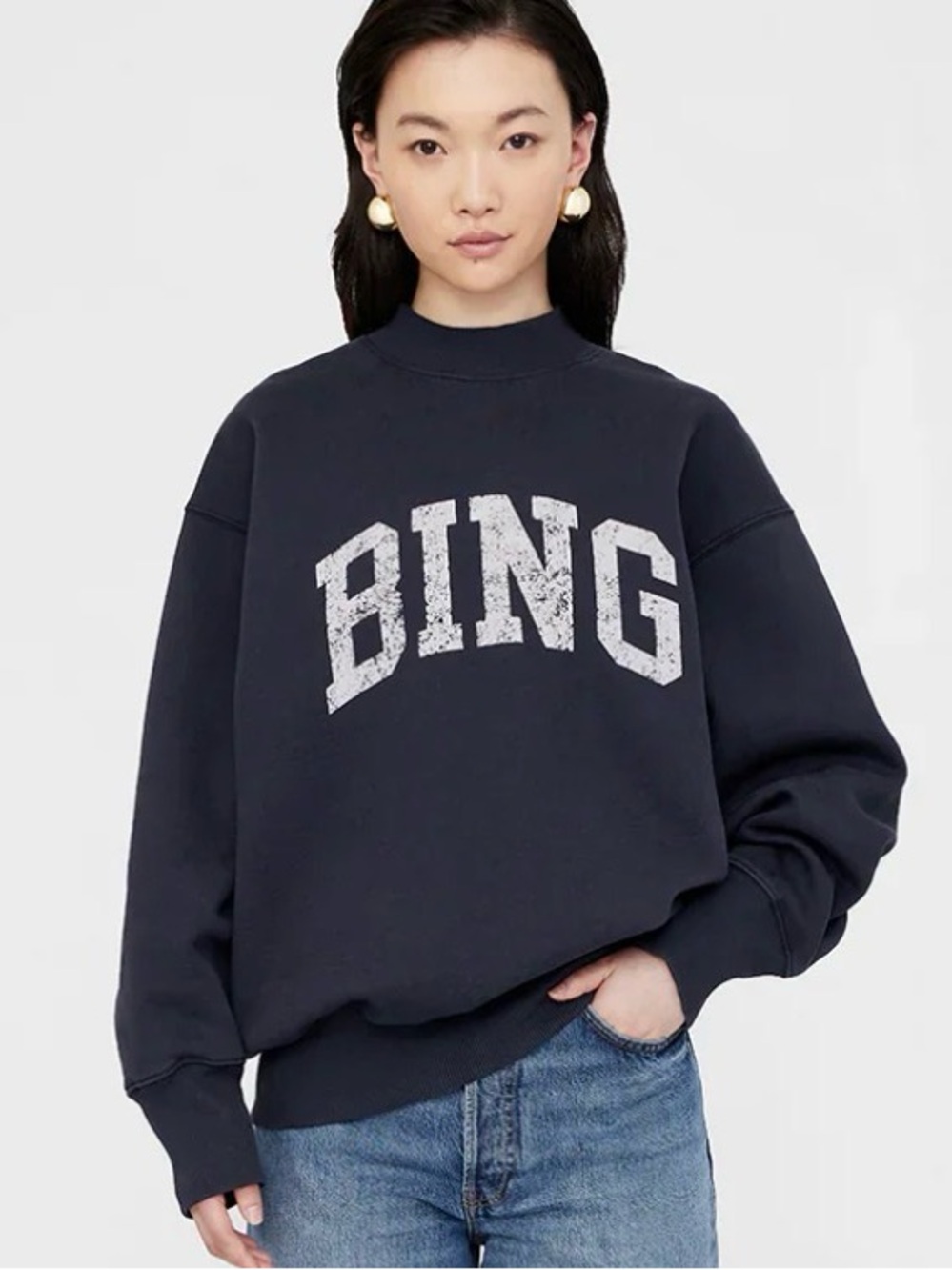 Anine Bing Brandie Navy Crewneck Sweatshirt with Distressed White Logo size S
